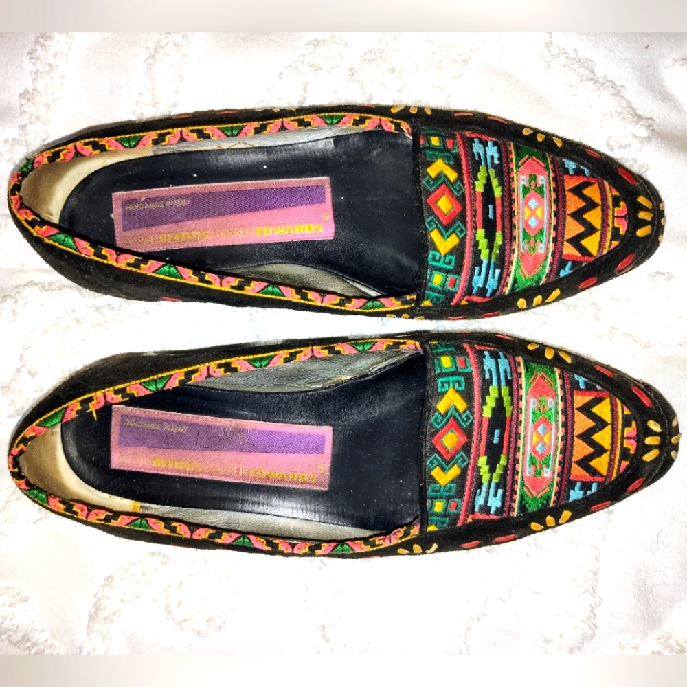 Susan Bennis Warren Edwards Black Suede Embroidered Vintage Loafer Flats Size 9 - Picture 8 of 8